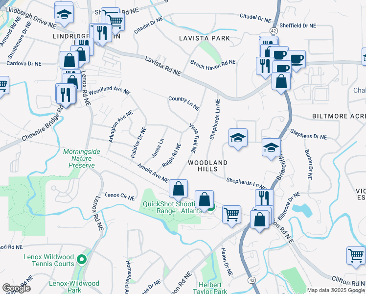 map of restaurants, bars, coffee shops, grocery stores, and more near 1115 Ralph Road Northeast in Atlanta