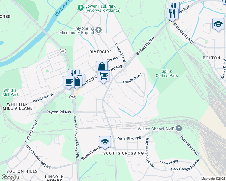 map of restaurants, bars, coffee shops, grocery stores, and more near 1994 Main Street Northwest in Atlanta