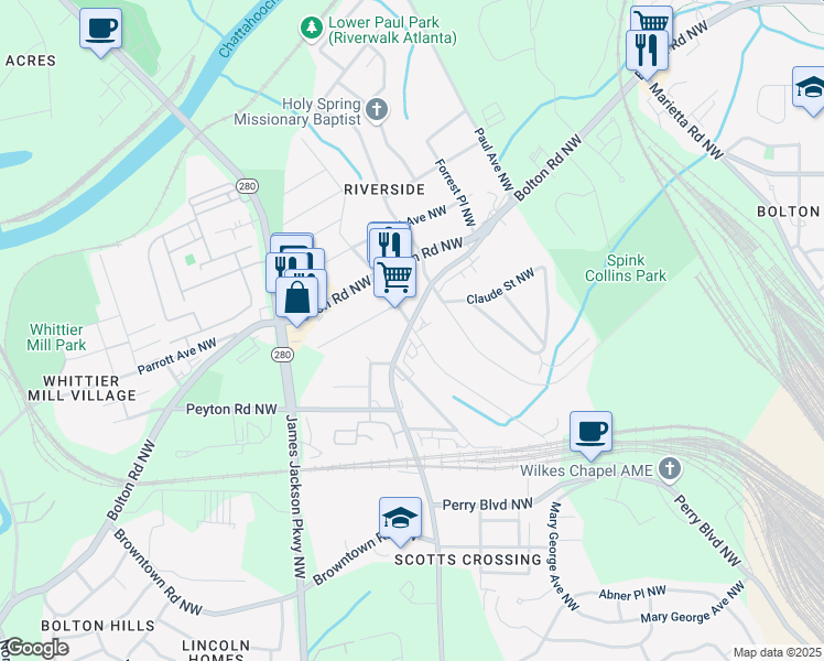 map of restaurants, bars, coffee shops, grocery stores, and more near 1994 Main Street Northwest in Atlanta