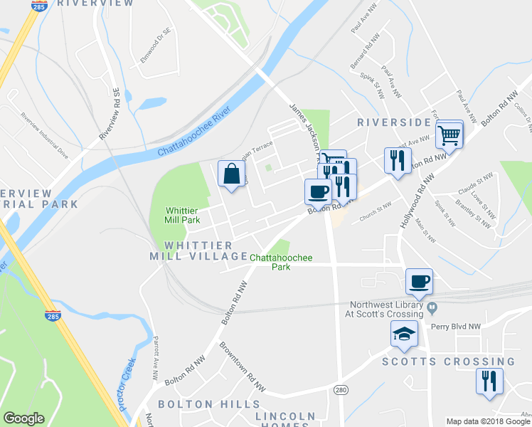map of restaurants, bars, coffee shops, grocery stores, and more near 2040 Hatteras Way Northwest in Atlanta