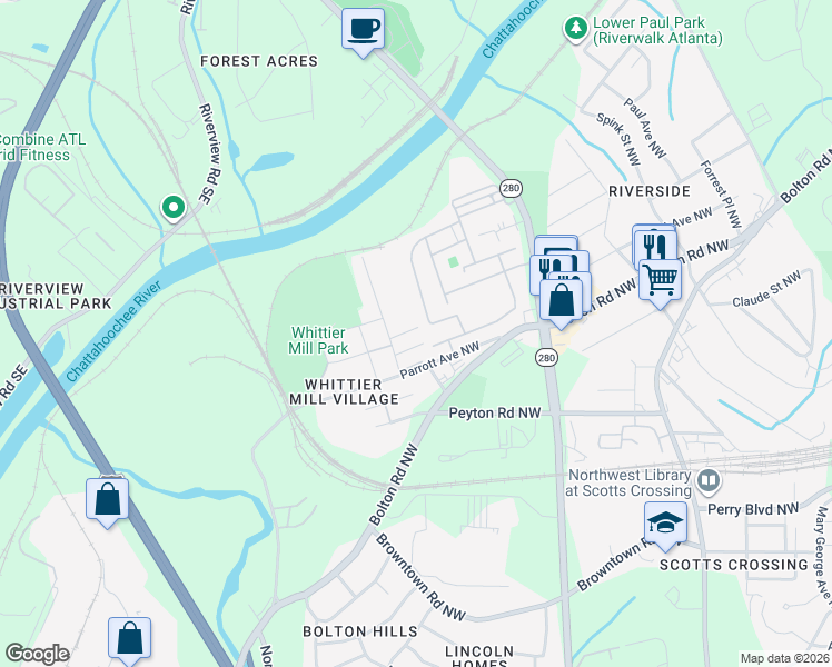 map of restaurants, bars, coffee shops, grocery stores, and more near 2870 Fabin Street Northwest in Atlanta