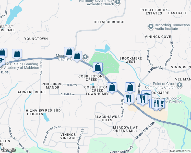 map of restaurants, bars, coffee shops, grocery stores, and more near 5888 Cobblestone Creek Circle in Mableton