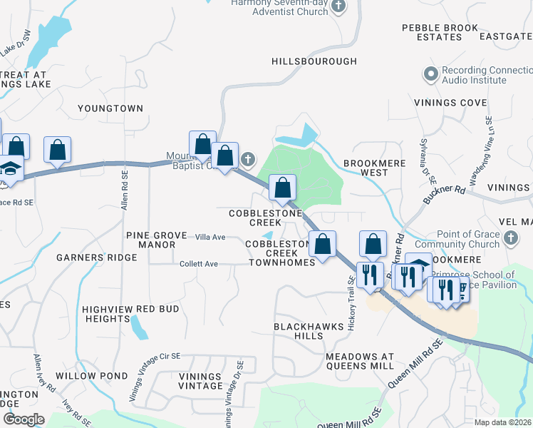 map of restaurants, bars, coffee shops, grocery stores, and more near 5901 Cobblestone Creek Circle in Mableton