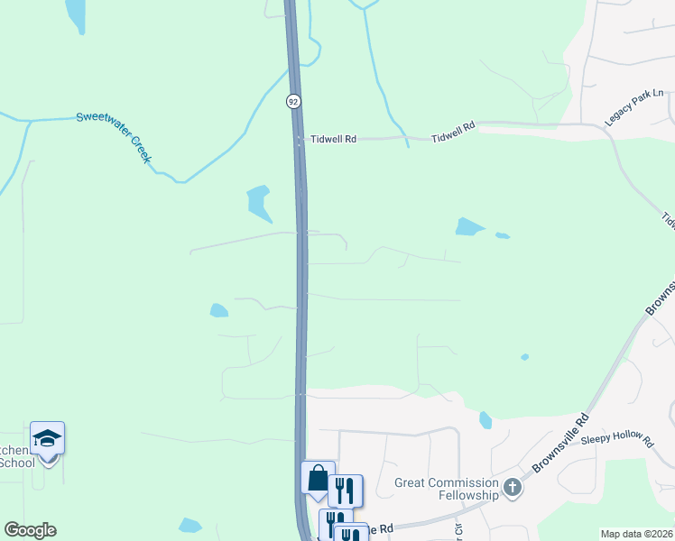 map of restaurants, bars, coffee shops, grocery stores, and more near 92 Indian Creek Drive in Powder Springs