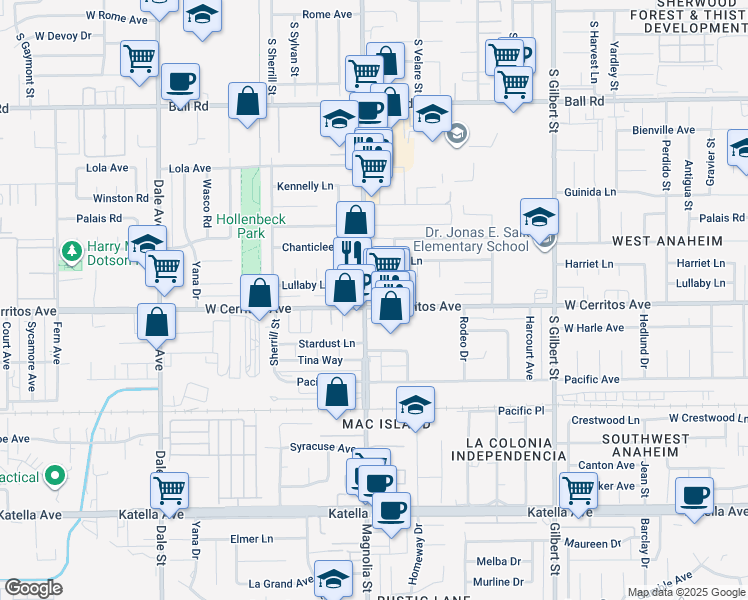 map of restaurants, bars, coffee shops, grocery stores, and more near 10460 Magnolia Avenue in Anaheim