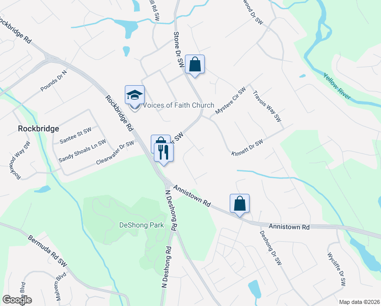 map of restaurants, bars, coffee shops, grocery stores, and more near 2638 Hickory Cove Southwest in Lilburn