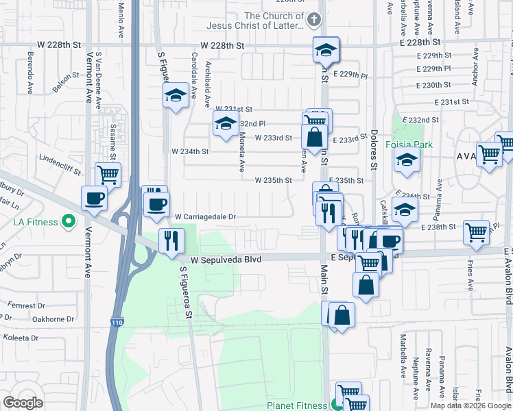 map of restaurants, bars, coffee shops, grocery stores, and more near 300 West Carriagedale Drive in Carson