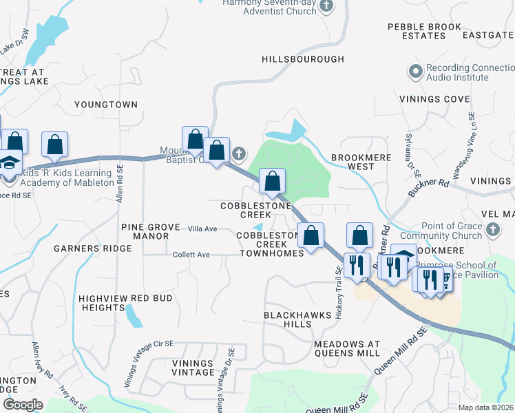 map of restaurants, bars, coffee shops, grocery stores, and more near 5901 Cobblestone Creek Circle in Mableton