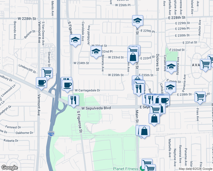 map of restaurants, bars, coffee shops, grocery stores, and more near 23602 Nicolle Avenue in Carson