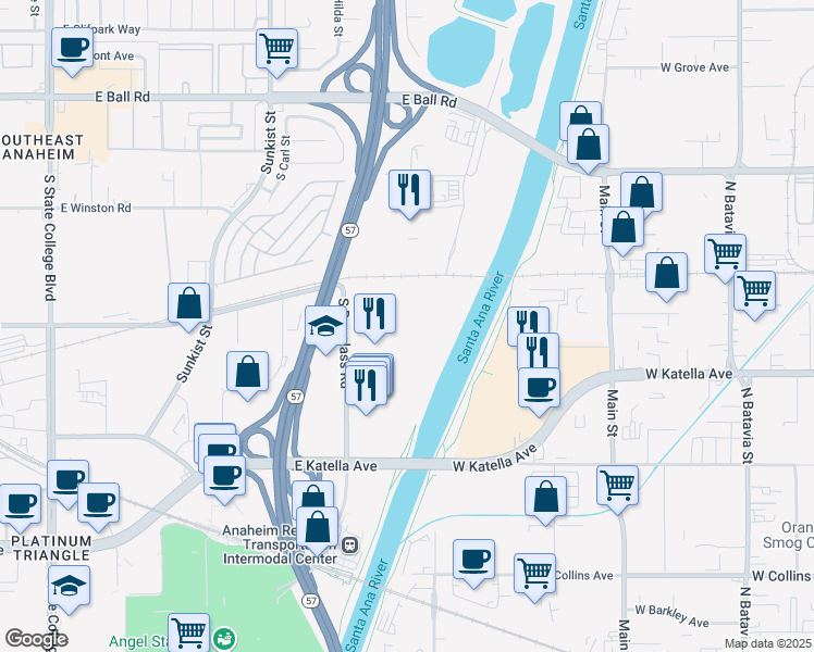 map of restaurants, bars, coffee shops, grocery stores, and more near 1500 South Douglass Road in Anaheim