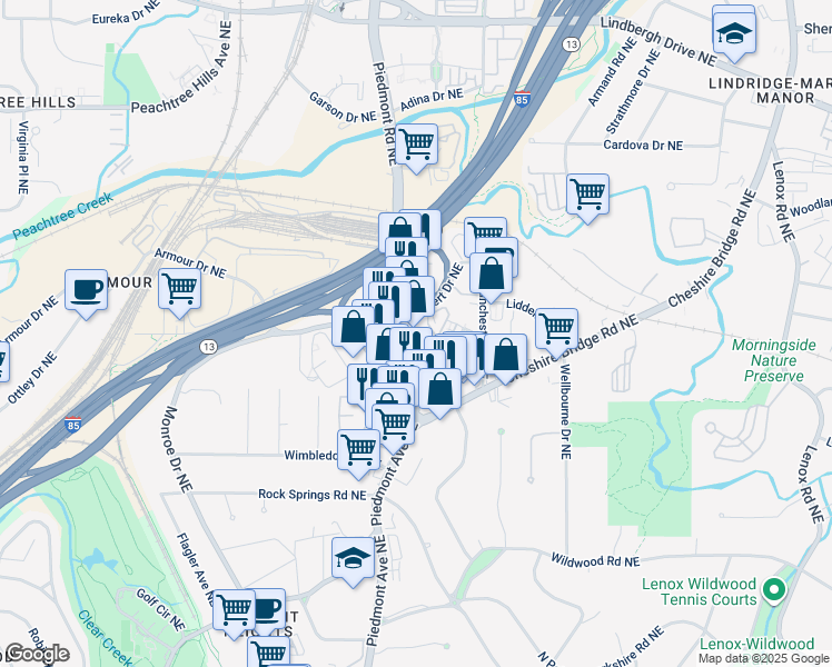 map of restaurants, bars, coffee shops, grocery stores, and more near 1907B Piedmont Road Northeast in Atlanta