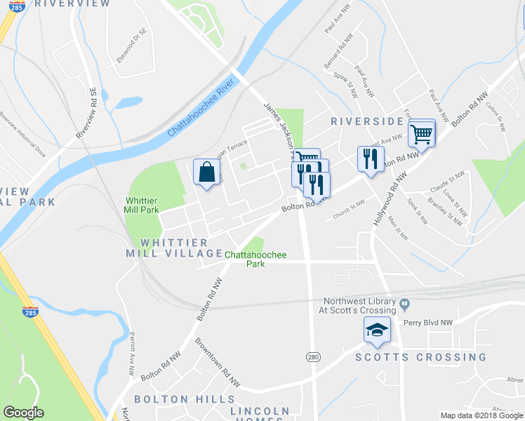 map of restaurants, bars, coffee shops, grocery stores, and more near 2057 Hatteras Way Northwest in Atlanta