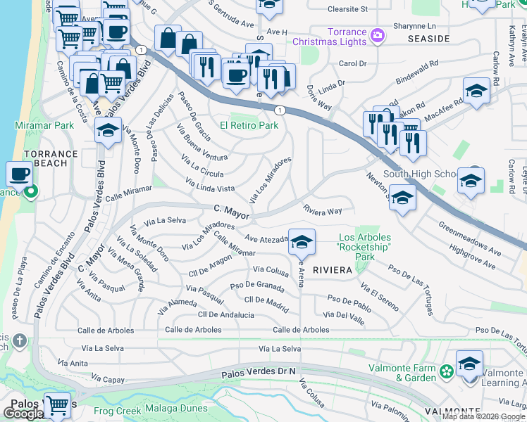 map of restaurants, bars, coffee shops, grocery stores, and more near 301 Vía El Chico in Redondo Beach