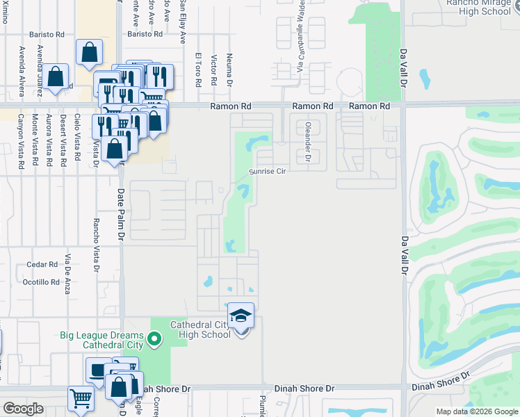 map of restaurants, bars, coffee shops, grocery stores, and more near Golf Course Dr in Cathedral City