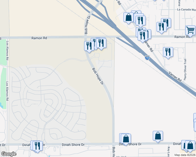 map of restaurants, bars, coffee shops, grocery stores, and more near 2491 Bob Hope Drive in Rancho Mirage