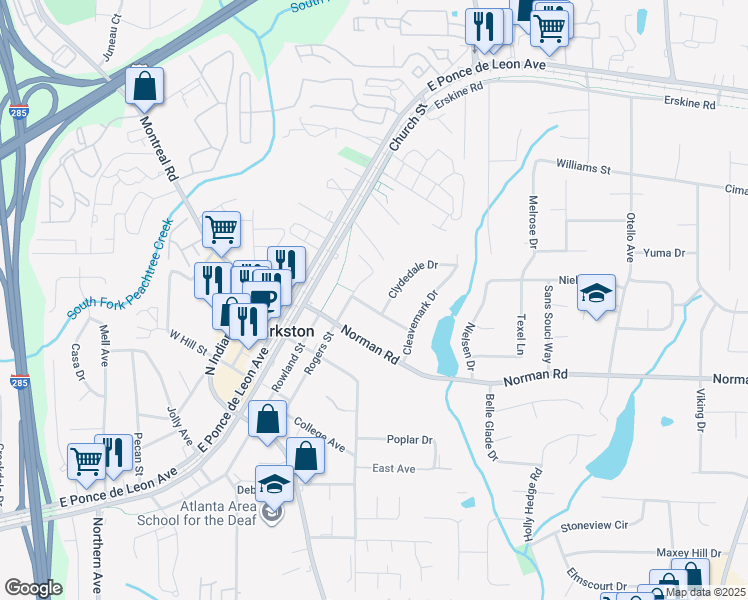 map of restaurants, bars, coffee shops, grocery stores, and more near 3749 Cranford Drive in Clarkston