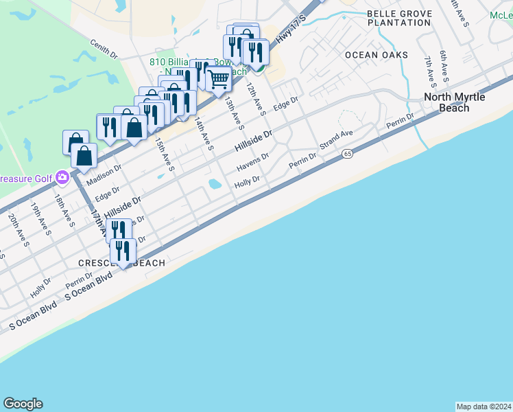 map of restaurants, bars, coffee shops, grocery stores, and more near 1311 South Ocean Boulevard in North Myrtle Beach