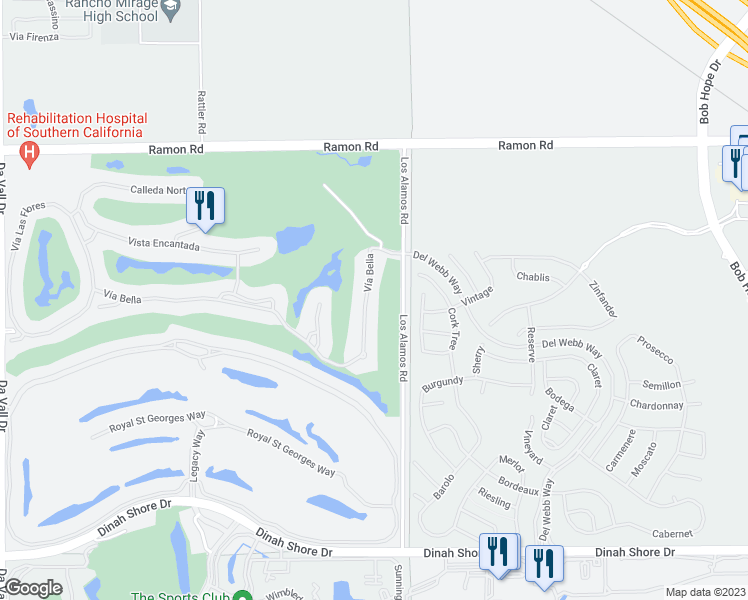 map of restaurants, bars, coffee shops, grocery stores, and more near 20 Vía Bella in Rancho Mirage