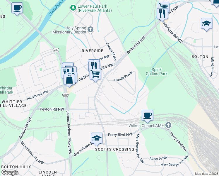 map of restaurants, bars, coffee shops, grocery stores, and more near 2032 Spink Street Northwest in Atlanta