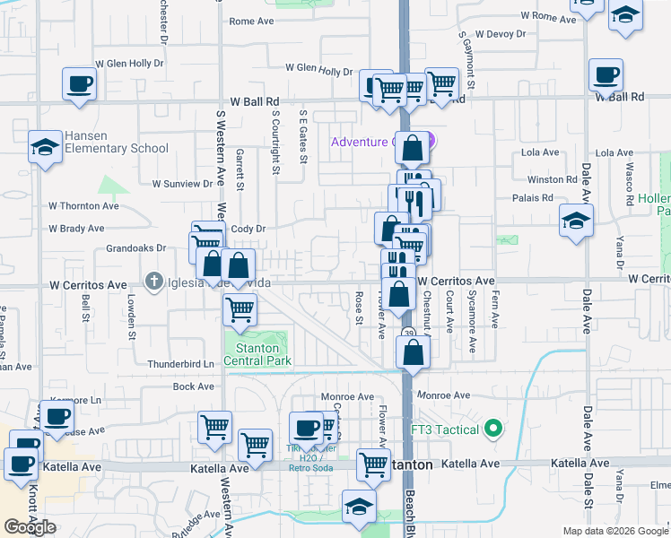 map of restaurants, bars, coffee shops, grocery stores, and more near in Stanton