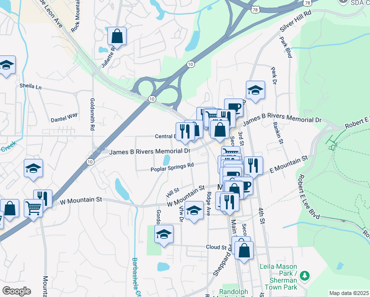 map of restaurants, bars, coffee shops, grocery stores, and more near 6552 James B Rivers Memorial Drive in Stone Mountain