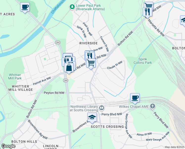 map of restaurants, bars, coffee shops, grocery stores, and more near 1994 Main Street Northwest in Atlanta
