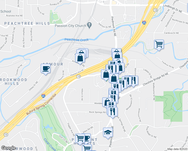 map of restaurants, bars, coffee shops, grocery stores, and more near Monroe Drive Northeast & Monroe Place Northeast in Atlanta