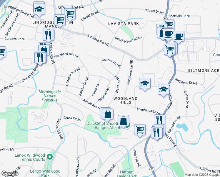map of restaurants, bars, coffee shops, grocery stores, and more near 1115 Ralph Road Northeast in Atlanta