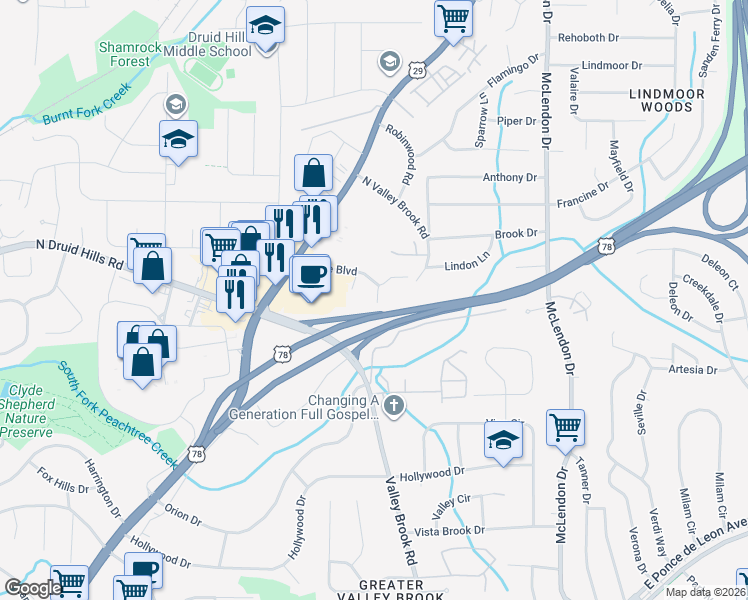 map of restaurants, bars, coffee shops, grocery stores, and more near 2005 Brian Way in Decatur