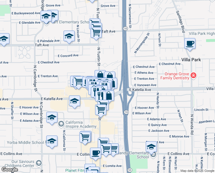 map of restaurants, bars, coffee shops, grocery stores, and more near 1419 North Tustin Street in Orange