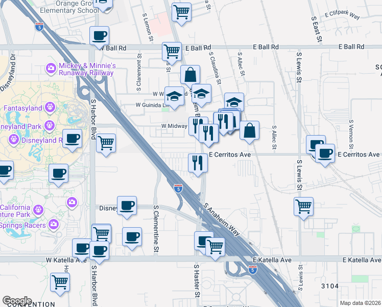 map of restaurants, bars, coffee shops, grocery stores, and more near 27 West Cerritos Avenue in Anaheim