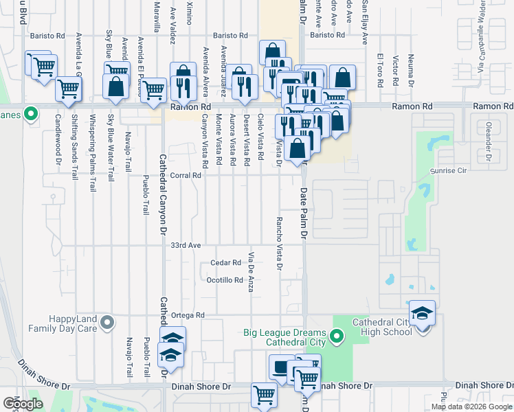 map of restaurants, bars, coffee shops, grocery stores, and more near 32790 Desert Vista Road in Cathedral City