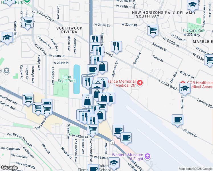 map of restaurants, bars, coffee shops, grocery stores, and more near 23731 Madison Street in Torrance