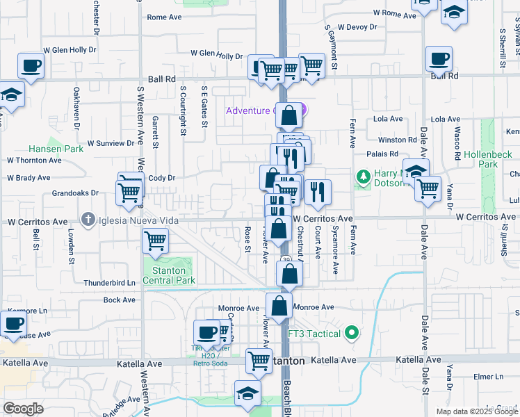 map of restaurants, bars, coffee shops, grocery stores, and more near 10511 Flower Avenue in Stanton