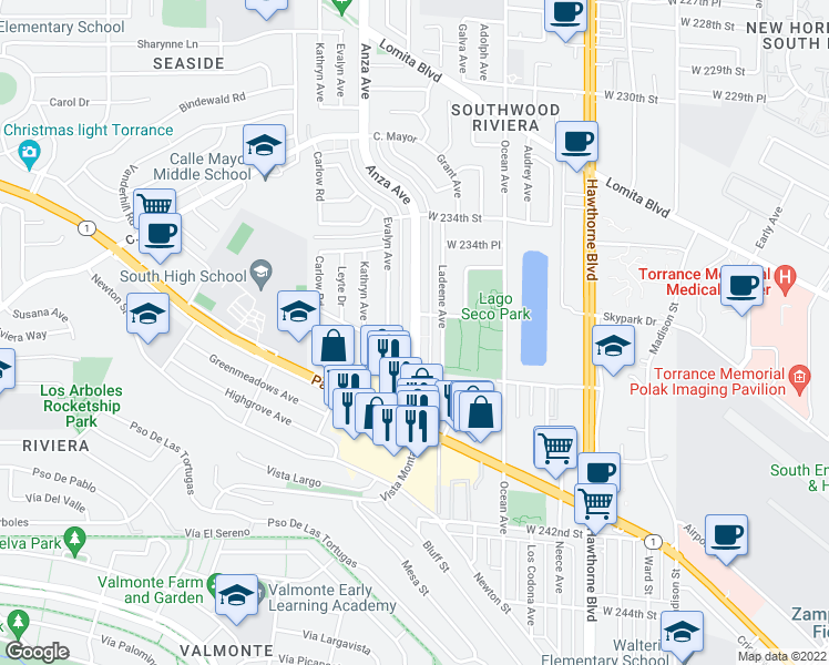 map of restaurants, bars, coffee shops, grocery stores, and more near 23804 Anza Avenue in Torrance