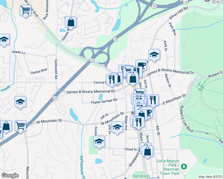 map of restaurants, bars, coffee shops, grocery stores, and more near 6552 James B Rivers Memorial Drive in Stone Mountain