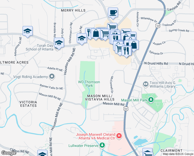 map of restaurants, bars, coffee shops, grocery stores, and more near 1074 Vistavia Circle in Decatur