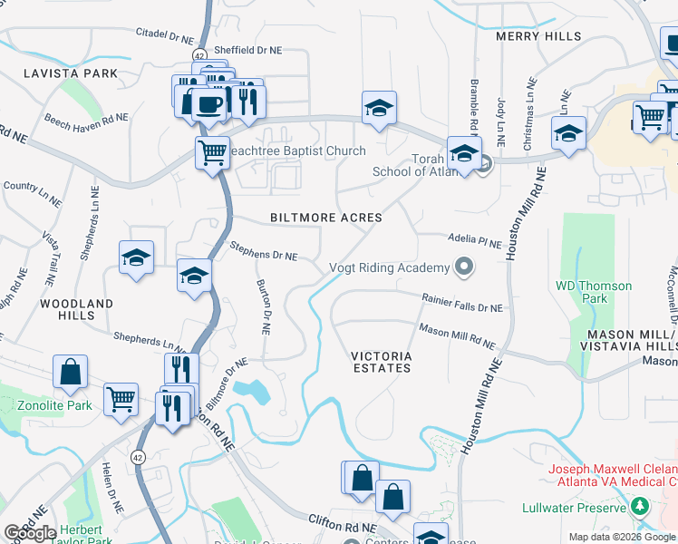 map of restaurants, bars, coffee shops, grocery stores, and more near 1141 Biltmore Drive Northeast in Atlanta
