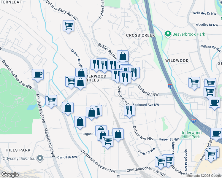 map of restaurants, bars, coffee shops, grocery stores, and more near 2010 Defoor Avenue Northwest in Atlanta