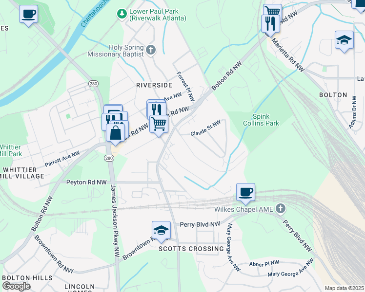 map of restaurants, bars, coffee shops, grocery stores, and more near 2032 Spink Street Northwest in Atlanta