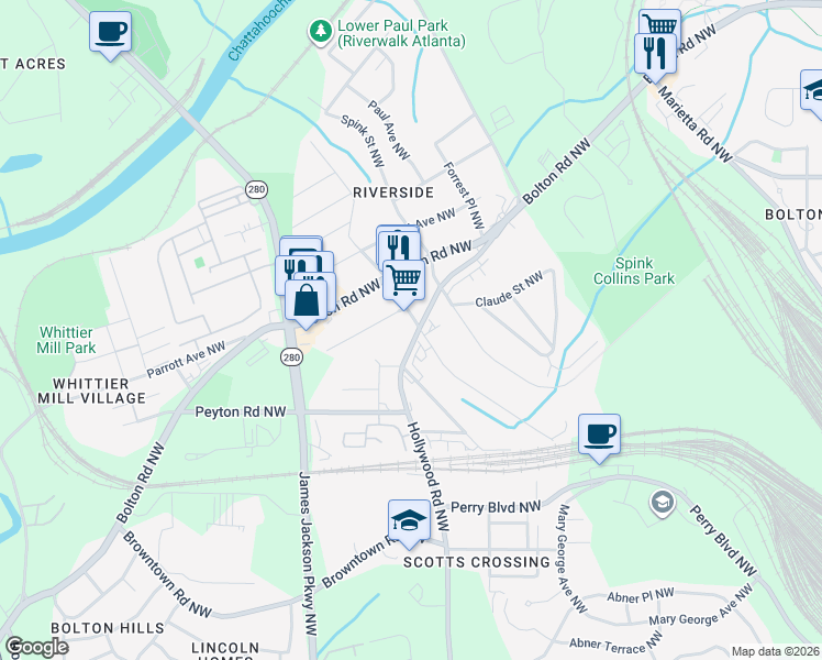 map of restaurants, bars, coffee shops, grocery stores, and more near 1994 Main Street Northwest in Atlanta