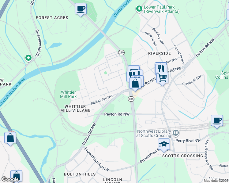 map of restaurants, bars, coffee shops, grocery stores, and more near 2057 Hatteras Way in Atlanta