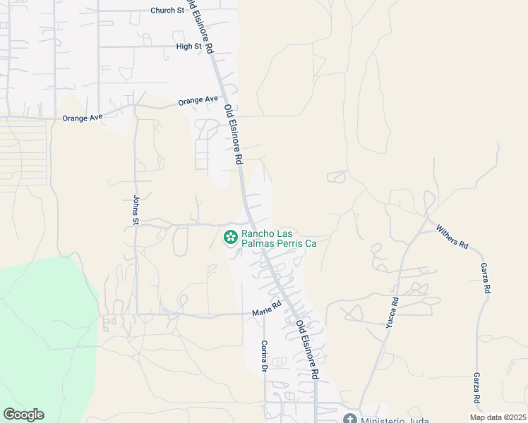 map of restaurants, bars, coffee shops, grocery stores, and more near 21370 Old Elsinore Road in Perris