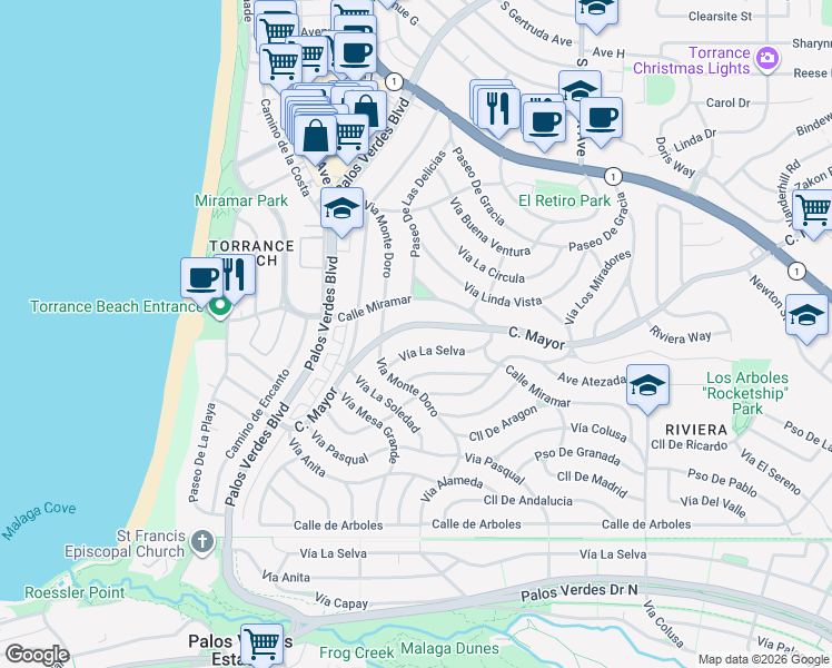 map of restaurants, bars, coffee shops, grocery stores, and more near 320 Calle Mayor in Redondo Beach