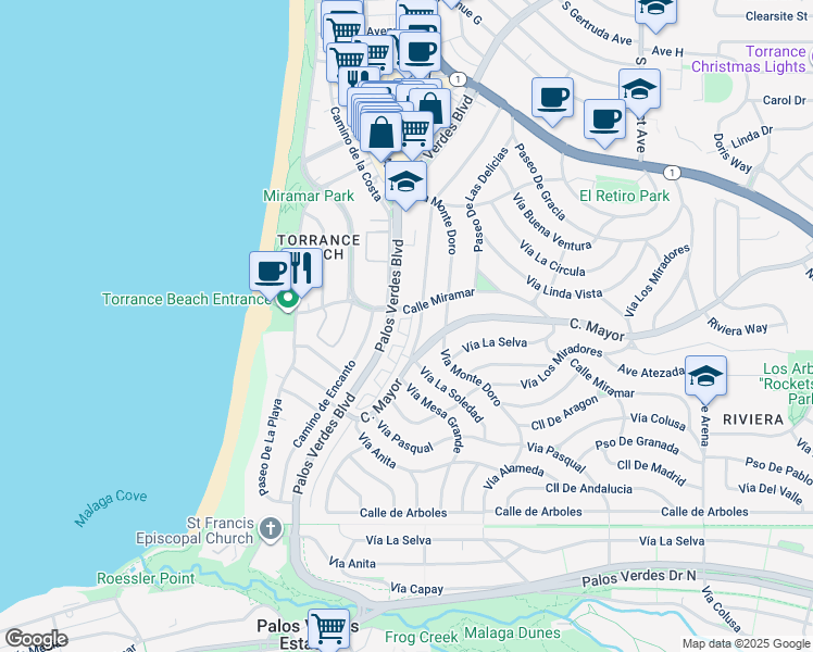 map of restaurants, bars, coffee shops, grocery stores, and more near 419 Camino de las Colinas in Redondo Beach