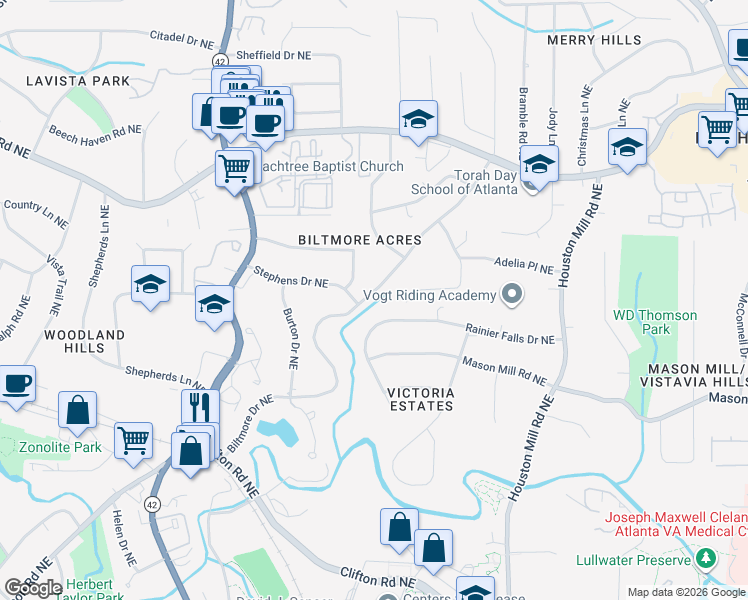 map of restaurants, bars, coffee shops, grocery stores, and more near 1141 Biltmore Drive Northeast in Atlanta