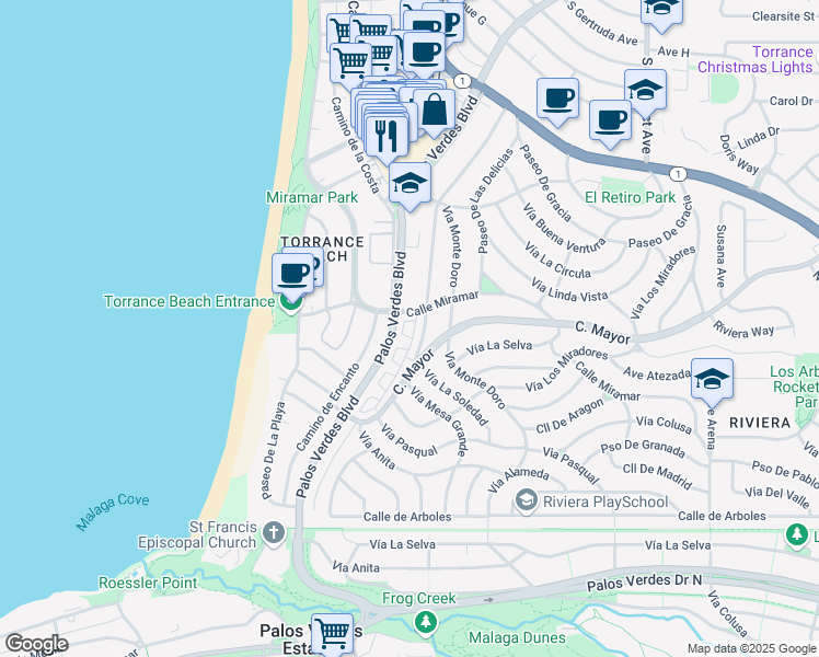 map of restaurants, bars, coffee shops, grocery stores, and more near 412 Calle Miramar in Redondo Beach