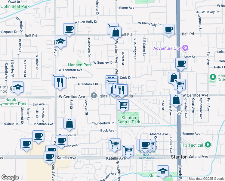 map of restaurants, bars, coffee shops, grocery stores, and more near 7514 West Cerritos Avenue in Stanton