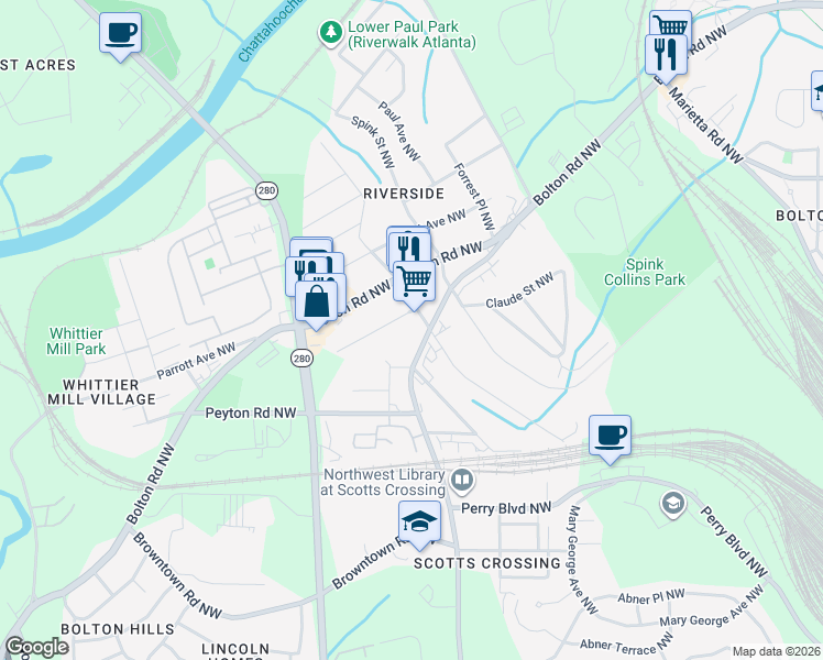 map of restaurants, bars, coffee shops, grocery stores, and more near 2030 Main Street Northwest in Atlanta