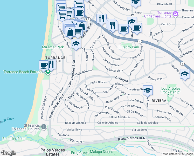 map of restaurants, bars, coffee shops, grocery stores, and more near 640 Calle Miramar in Redondo Beach